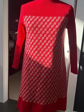 Vintage Fendi Red Patterned Long-Sleeve Knit Dress